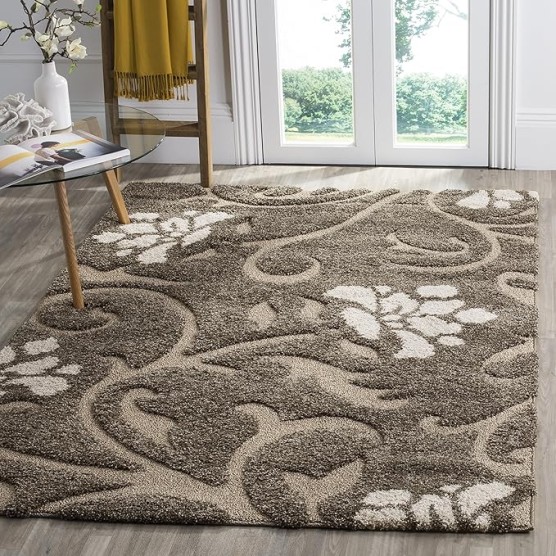 Florida Shag Collection Area Rug - 8' x 10', Smoke & Beige, Floral Design, Non-Shedding & Easy Care, 1.2-inch Thick Ideal for High Traffic Areas in Living Room, Bedroom (SG464-7913)