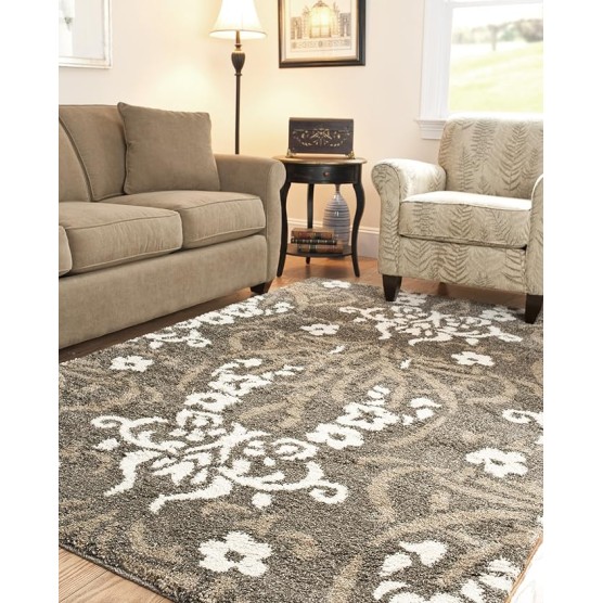 Florida Shag Collection Area Rug - 9'6" x 13', Smoke & Beige, Floral Design, Non-Shedding & Easy Care, 1.2-inch Thick Ideal for High Traffic Areas in Living Room, Bedroom (SG457-7913)