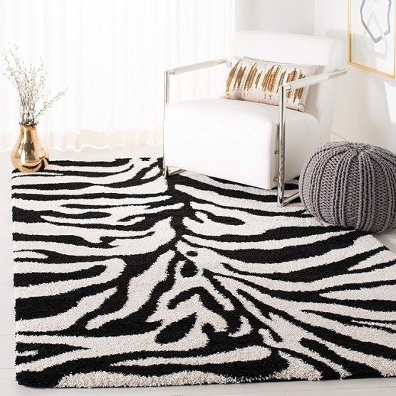 Florida Shag Collection Area Rug - 8'6" x 12', Ivory & Black, Zebra Print Design, Non-Shedding & Easy Care, 1.2-inch Thick Ideal for High Traffic Areas in Living Room, Bedroom (SG452-1290)