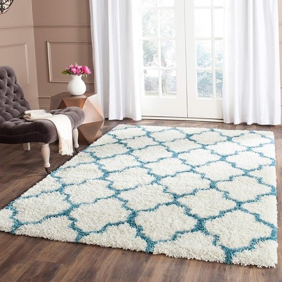 Kids Shag Collection Area Rug - 8'6" x 12', Ivory & Blue, Moroccan Trellis Design, Non-Shedding & Easy Care, 2-inch Thick Ideal for High Traffic Areas in Living Room, Bedroom (SGK569C)