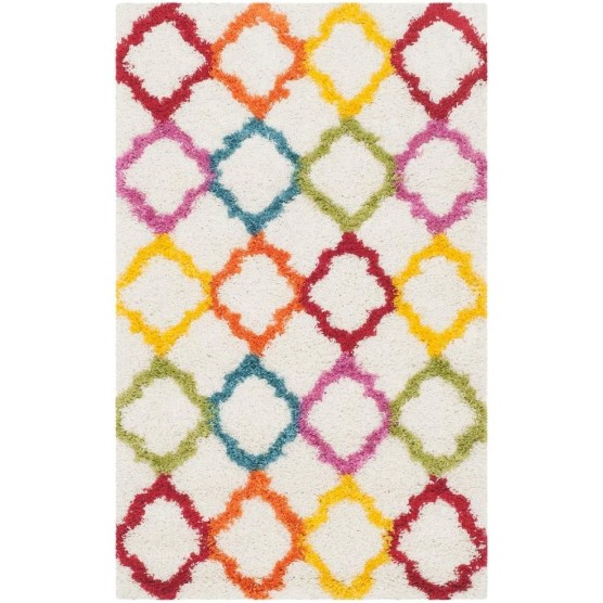 Kids Shag Collection Area Rug - 8'6" x 12', Ivory & Blue, Moroccan Trellis Design, Non-Shedding & Easy Care, 2-inch Thick Ideal for High Traffic Areas in Living Room, Bedroom (SGK569C)