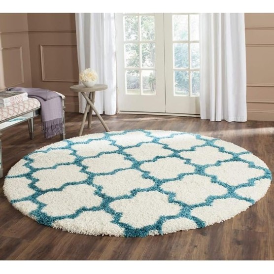 Kids Shag Collection Area Rug - 8'6" x 12', Ivory & Blue, Moroccan Trellis Design, Non-Shedding & Easy Care, 2-inch Thick Ideal for High Traffic Areas in Living Room, Bedroom (SGK569C)