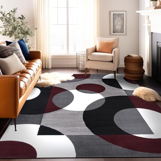 Modern Circles Carpet Easy Maintenance for Home Office,Living Room,Bedroom,Kitchen Soft Area Rug 9' x 12' Burgundy