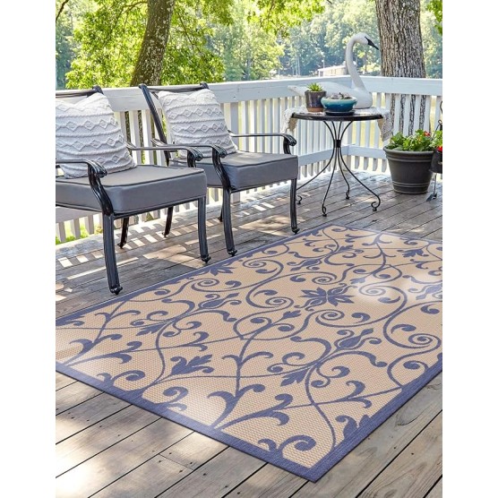 Outdoor Botanical Collection Area Rug - Gate (8' x 11' 4" Rectangle, Blue/ Beige)