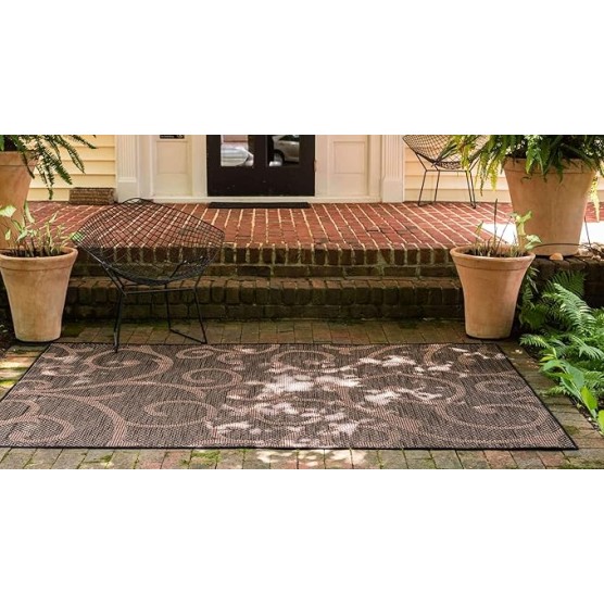 Outdoor Botanical Collection Area Rug - Vine (9' x 12' 2" Rectangle, Chocolate Brown/ Black)