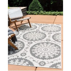 Outdoor Botanical Collection Area Rug - Medallion (9' x 12' Rectangle, Gray/ Silver)