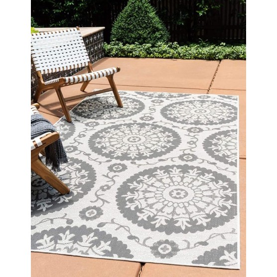 Outdoor Botanical Collection Area Rug - Medallion (9' x 12' Rectangle, Gray/ Silver)