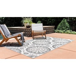 Outdoor Botanical Collection Area Rug - Medallion (9' x 12' Rectangle, Gray/ Silver)