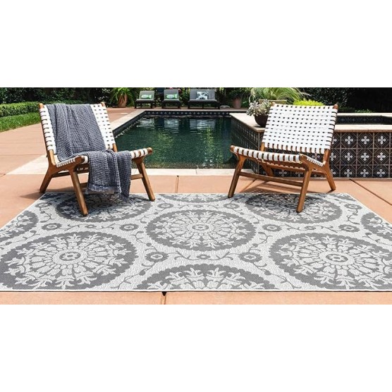 Outdoor Botanical Collection Area Rug - Medallion (9' x 12' Rectangle, Gray/ Silver)