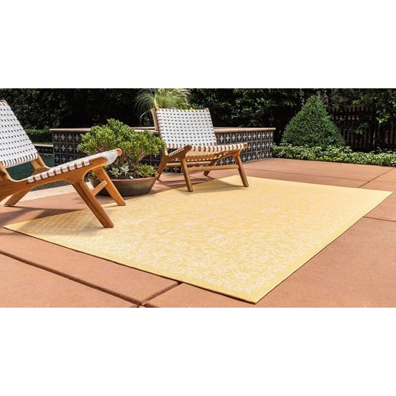 Outdoor Botanical Collection Area Rug - Allover (7' 1" x 10' Rectangle, Yellow/ Beige)
