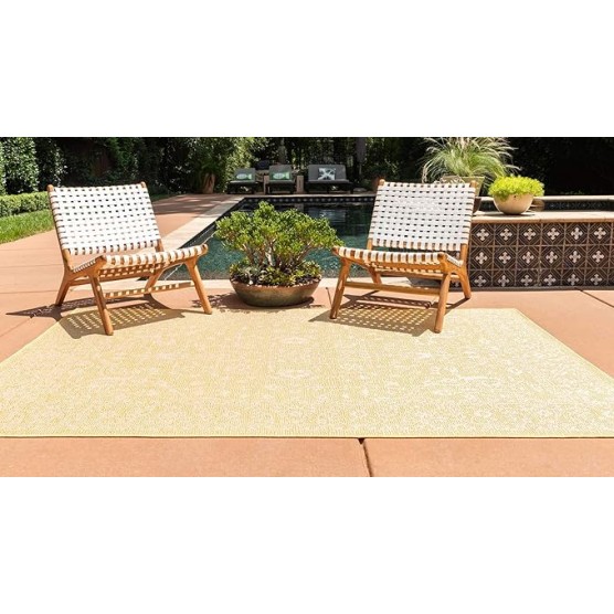 Outdoor Botanical Collection Area Rug - Allover (7' 1" x 10' Rectangle, Yellow/ Beige)