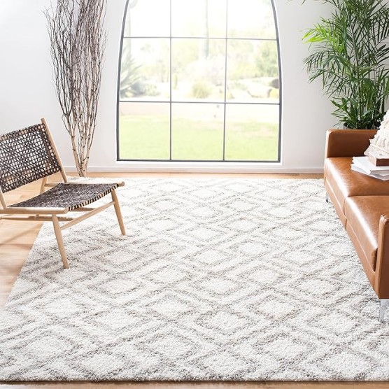 Arizona Shag Collection 8' x 10' Ivory/Beige ASG740A Moroccan Diamond Non-Shedding Living Room Bedroom Dining Room Entryway Plush 1.6-inch Thick Area Rug
