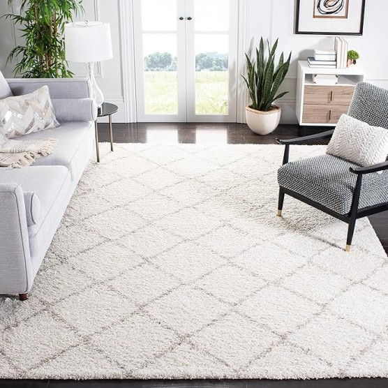 Arizona Shag Collection Area Rug - 9' x 12', Ivory & Beige, Diamond Trellis Design, Non-Shedding & Easy Care, 1.6-inch Thick Ideal for High Traffic Areas in Living Room, Bedroom (ASG742A)