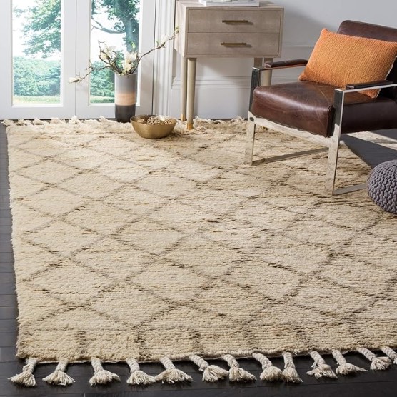 Area Rug 8x10 - Casablanca Shag Collection - Large - Ivory & Light Grey, Handmade New Zealand Wool, Moroccan Trellis Tassel Design, Ideal for Living Room, Bedroom, Dining Space (CSB725B)