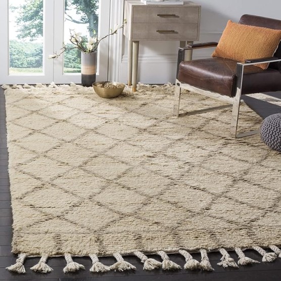 Area Rug 8x10 - Casablanca Shag Collection - Large - Ivory & Light Grey, Handmade New Zealand Wool, Moroccan Trellis Tassel Design, Ideal for Living Room, Bedroom, Dining Space (CSB725B)