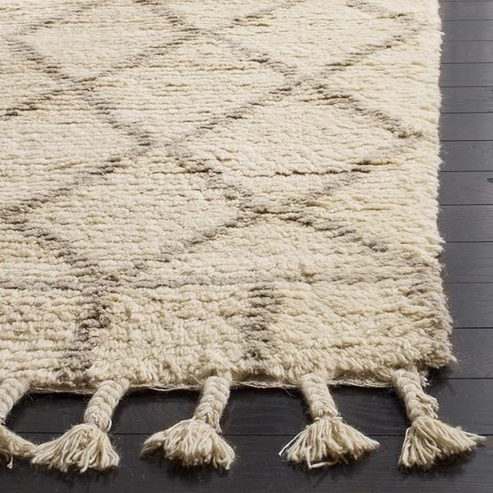 Area Rug 8x10 - Casablanca Shag Collection - Large - Ivory & Light Grey, Handmade New Zealand Wool, Moroccan Trellis Tassel Design, Ideal for Living Room, Bedroom, Dining Space (CSB725B)