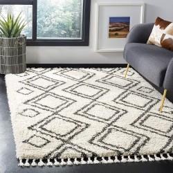 Area Rug 8x10 - Moroccan Fringe Shag Collection - Large - Cream & Charcoal, Boho Design, Non-Shedding & Easy Cleaning, Plush Thick Pile, Ideal for Living Room, Bedroom, Dining Space (MFG247B)