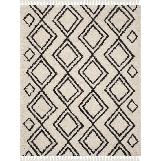 Area Rug 8x10 - Moroccan Fringe Shag Collection - Large - Cream & Charcoal, Boho Design, Non-Shedding & Easy Cleaning, Plush Thick Pile, Ideal for Living Room, Bedroom, Dining Space (MFG247B)