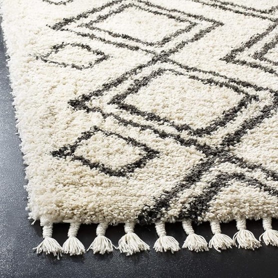 Area Rug 8x10 - Moroccan Fringe Shag Collection - Large - Cream & Charcoal, Boho Design, Non-Shedding & Easy Cleaning, Plush Thick Pile, Ideal for Living Room, Bedroom, Dining Space (MFG247B)