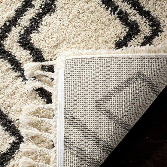 Area Rug 8x10 - Moroccan Fringe Shag Collection - Large - Cream & Charcoal, Boho Design, Non-Shedding & Easy Cleaning, Plush Thick Pile, Ideal for Living Room, Bedroom, Dining Space (MFG247B)