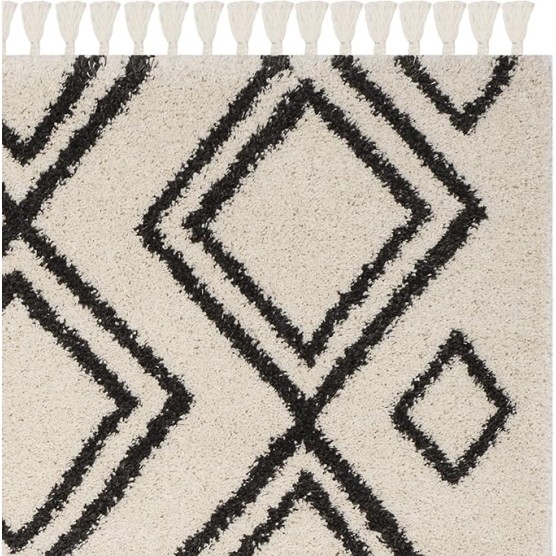 Area Rug 8x10 - Moroccan Fringe Shag Collection - Large - Cream & Charcoal, Boho Design, Non-Shedding & Easy Cleaning, Plush Thick Pile, Ideal for Living Room, Bedroom, Dining Space (MFG247B)