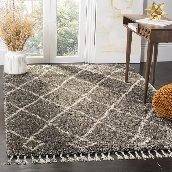Area Rug 8x10 - Moroccan Fringe Shag Collection - Large - Grey & Cream, Boho Design, Non-Shedding & Easy Cleaning, Plush Thick Pile, Ideal for Living Room, Bedroom, Dining Space (MFG241A)