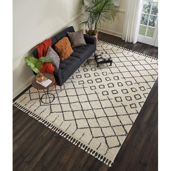 Moroccan Shag Moroccan Cream 9'2'' x 12'6'' Area-Rug, Easy-Cleaning, Non Shedding, Bed Room, Living Room, Dining Room, Kitchen (9x13)