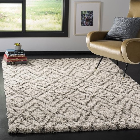 Hudson Shag Collection Area Rug - 6' x 9', Ivory & Grey, Moroccan Design, Non-Shedding & Easy Care, 2-inch Thick Ideal for High Traffic Areas in Living Room, Bedroom (SGH332A)