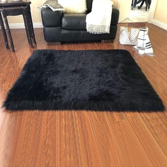 '' Lena Collection '' Faux Sheepskin | Super Soft Hypoallergenic Rectangular Area Rug | Plush Fur Premium Shag (6'x9',180x270cm Black)
