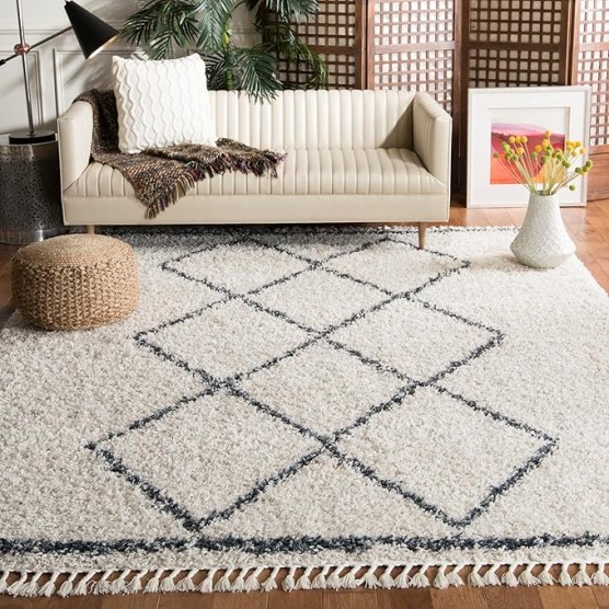 Area Rug 8x10 - Pro Luxe Shag Collection - Large - Cream & Blue, Moroccan Boho Tassel, Non-Shedding & Easy Cleaning, Plush Thick Pile, Ideal for Living Room, Bedroom, Dining Space (PLX435A)