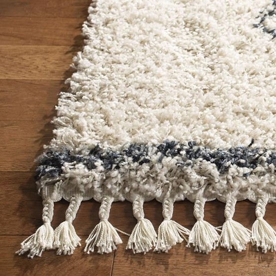 Area Rug 8x10 - Pro Luxe Shag Collection - Large - Cream & Blue, Moroccan Boho Tassel, Non-Shedding & Easy Cleaning, Plush Thick Pile, Ideal for Living Room, Bedroom, Dining Space (PLX435A)