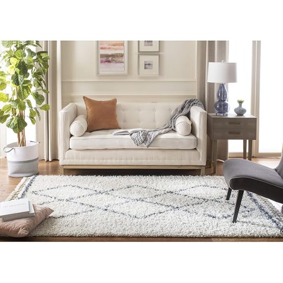 Area Rug 8x10 - Pro Luxe Shag Collection - Large - Cream & Blue, Moroccan Boho Tassel, Non-Shedding & Easy Cleaning, Plush Thick Pile, Ideal for Living Room, Bedroom, Dining Space (PLX435A)