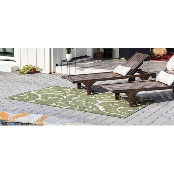 Outdoor Botanical Collection Area Rug - Curl (9' x 12' Rectangle, Green/ Ivory)