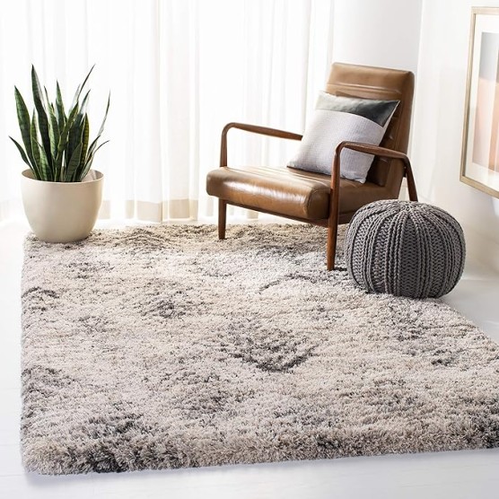 Iceland Shag Collection Area Rug - 5'3" x 7'6", Cream & Grey, Modern Design, Non-Shedding & Easy Care, 2.5-inch Thick Ideal for High Traffic Areas in Living Room, Bedroom (ISG514A)
