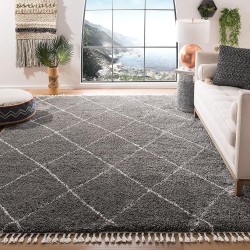 Area Rug 8x10 - Moroccan Fringe Shag Collection - Large - Grey & Ivory, Boho Design, Non-Shedding & Easy Cleaning, Plush Thick Pile, Ideal for Living Room, Bedroom, Dining Space (MFG332F)