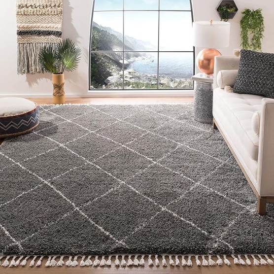 Area Rug 8x10 - Moroccan Fringe Shag Collection - Large - Grey & Ivory, Boho Design, Non-Shedding & Easy Cleaning, Plush Thick Pile, Ideal for Living Room, Bedroom, Dining Space (MFG332F)