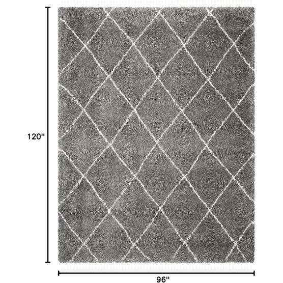Area Rug 8x10 - Moroccan Fringe Shag Collection - Large - Grey & Ivory, Boho Design, Non-Shedding & Easy Cleaning, Plush Thick Pile, Ideal for Living Room, Bedroom, Dining Space (MFG332F)