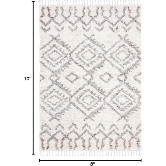 Area Rug 8x10 - Berber Fringe Shag Collection - Large - Cream & Grey, Moroccan Design, Non-Shedding & Easy Cleaning, Plush Thick Pile, Ideal for Living Room, Bedroom, Dining Space (BFG611A)