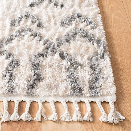 Area Rug 8x10 - Berber Fringe Shag Collection - Large - Cream & Grey, Moroccan Design, Non-Shedding & Easy Cleaning, Plush Thick Pile, Ideal for Living Room, Bedroom, Dining Space (BFG611A)