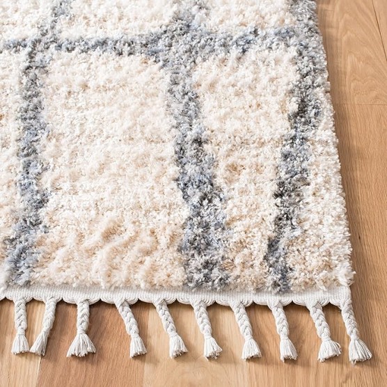 Area Rug 8x10 - Berber Fringe Shag Collection - Large - Cream & Grey, Moroccan Design, Non-Shedding & Easy Cleaning, Plush Thick Pile, Ideal for Living Room, Bedroom, Dining Space (BFG605A)