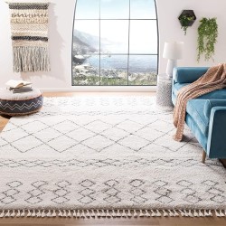 Area Rug 8x10 - Moroccan Fringe Shag Collection - Large - Ivory & Grey, Boho Design, Non-Shedding & Easy Cleaning, Plush Thick Pile, Ideal for Living Room, Bedroom, Dining Space (MFG343A)