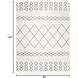 Area Rug 8x10 - Moroccan Fringe Shag Collection - Large - Ivory & Grey, Boho Design, Non-Shedding & Easy Cleaning, Plush Thick Pile, Ideal for Living Room, Bedroom, Dining Space (MFG343A)