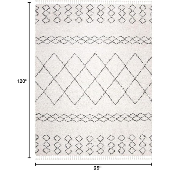 Area Rug 8x10 - Moroccan Fringe Shag Collection - Large - Ivory & Grey, Boho Design, Non-Shedding & Easy Cleaning, Plush Thick Pile, Ideal for Living Room, Bedroom, Dining Space (MFG343A)