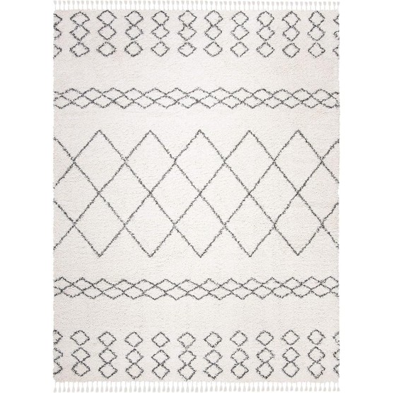 Area Rug 8x10 - Moroccan Fringe Shag Collection - Large - Ivory & Grey, Boho Design, Non-Shedding & Easy Cleaning, Plush Thick Pile, Ideal for Living Room, Bedroom, Dining Space (MFG343A)