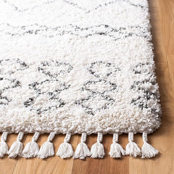 Area Rug 8x10 - Moroccan Fringe Shag Collection - Large - Ivory & Grey, Boho Design, Non-Shedding & Easy Cleaning, Plush Thick Pile, Ideal for Living Room, Bedroom, Dining Space (MFG343A)