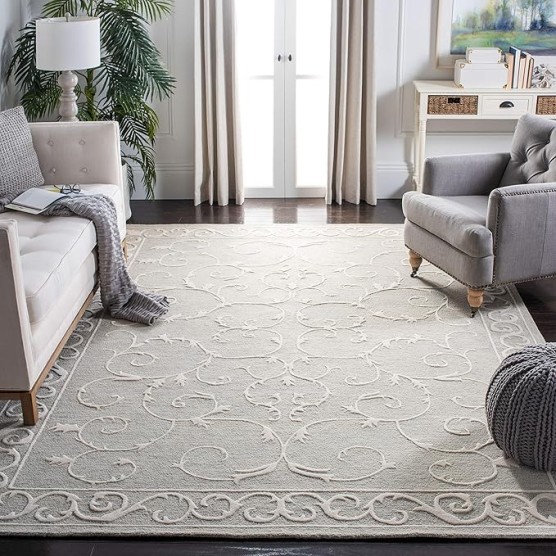 Micro-Loop Collection Area Rug - 9' x 12', Light Grey & Ivory, Handmade Country Cottage Wool, Ideal for High Traffic Areas in Living Room, Bedroom (MLP507F)