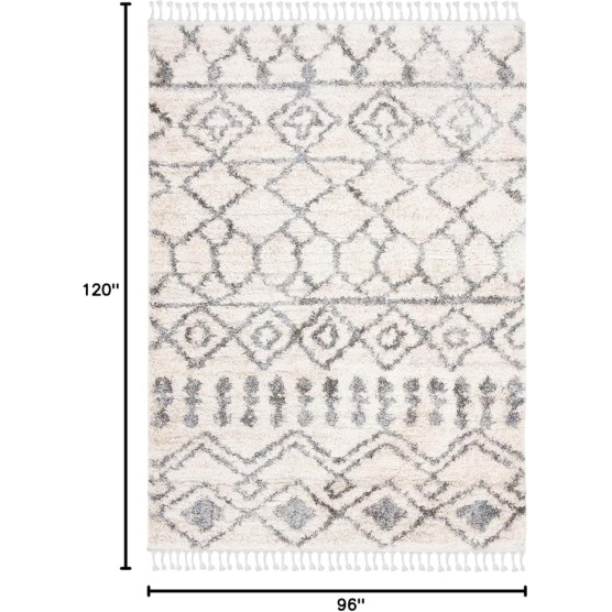 Area Rug 8x10 - Berber Fringe Shag Collection - Large - Cream & Grey, Moroccan Design, Non-Shedding & Easy Cleaning, Plush Thick Pile, Ideal for Living Room, Bedroom, Dining Space (BFG626A)
