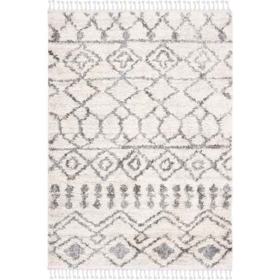 Area Rug 8x10 - Berber Fringe Shag Collection - Large - Cream & Grey, Moroccan Design, Non-Shedding & Easy Cleaning, Plush Thick Pile, Ideal for Living Room, Bedroom, Dining Space (BFG626A)