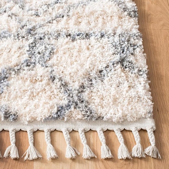 Area Rug 8x10 - Berber Fringe Shag Collection - Large - Cream & Grey, Moroccan Design, Non-Shedding & Easy Cleaning, Plush Thick Pile, Ideal for Living Room, Bedroom, Dining Space (BFG626A)