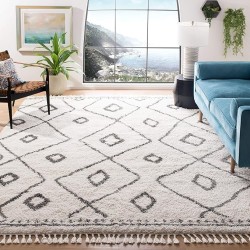 Area Rug 8x10 - Moroccan Fringe Shag Collection - Large - Ivory & Grey, Boho Design, Non-Shedding & Easy Cleaning, Plush Thick Pile, Ideal for Living Room, Bedroom, Dining Space (MFG333A)
